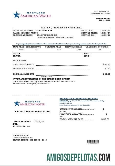 Para baixar modelo de conta de serviços públicos de água americana Maryland em formatos Word e PDF